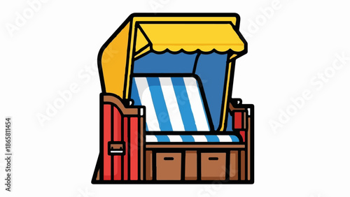 A cartoon beach chair with blue and white striped cushions and a yellow canopy