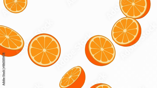 Vibrant orange slices scattered across a white background, creating a fresh, citrusy visual