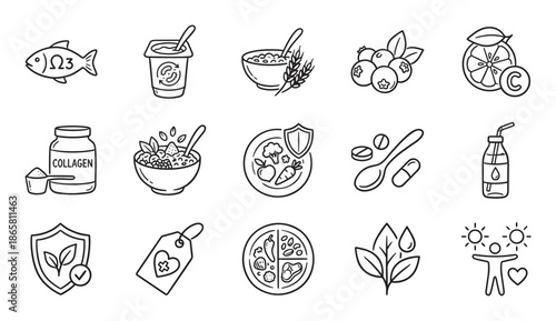 Collection of fifteen health and nutrition icons drawn in a simple black and white line art style, illustrating concepts like a balanced diet, vitamins, supplements, and wellness