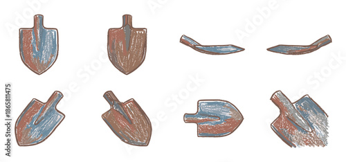 Collection of hand-drawn shovel head illustrations showing various angles and perspectives in a rustic, weathered style with blue and brown textured details for design elements
