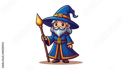 Cartoon Wizard Character with Staff and Pointed Hat.