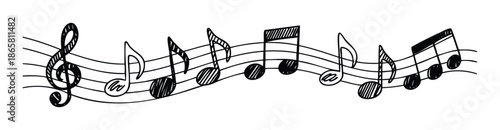 Hand drawn musical staff with a Gclef and various music notes creating a flowing melody, ideal for musicrelated projects, educational materials, or decorative graphic backgrounds