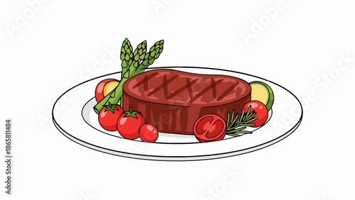 A grilled steak dinner with fresh asparagus, cherry tomatoes, and avocado