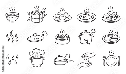 Collection of hand-drawn food icons showing various hot meals and cooking processes in a simple black and white doodle style, including soup, dumplings, fish, and steamers