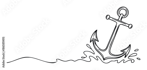 Simple hand drawn style anchor with a wavy line and water splashes perfect for maritime themed logos, ocean adventure promotions, or voyage related graphic elements