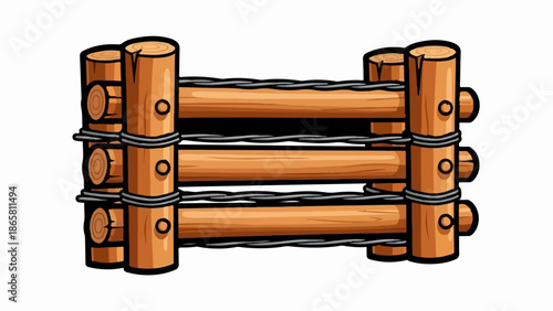 Rustic wooden fence with barbed wire on white background