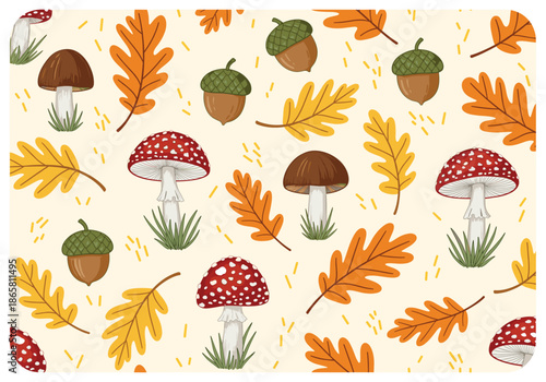 Autumn seamless pattern vector illustration with mushrooms acorns oak leaves and cozy fall forest elements background design