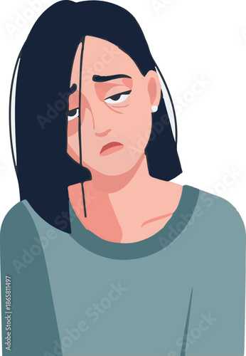 Tired woman with dark hair and under-eye circles, looking down