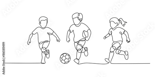 Continuous line art illustration of three children running and playing soccer