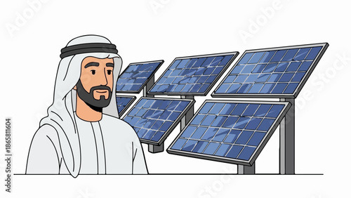 Man in traditional clothing observing solar panels