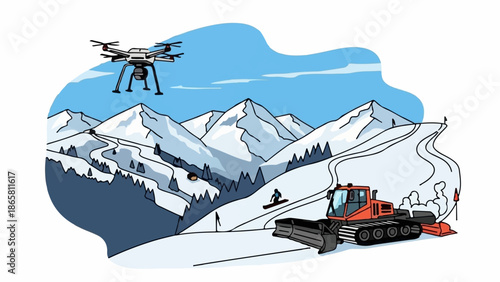 Mountain ski resort with drone, snow groomer, snowboarder, and majestic peaks
