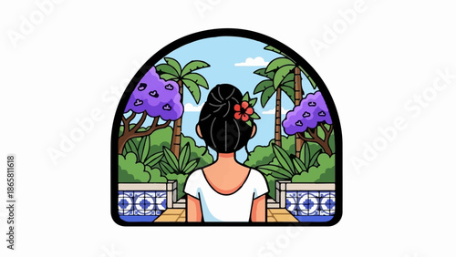 Woman with flower in hair gazes at tropical garden through arched frame