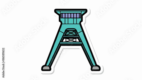 Stylized turquoise tower with open lattice structure and windows on top