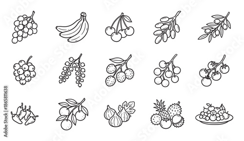 Set of hand-drawn fruit and vegetable icons in a simple black and white outline style, featuring grapes, bananas, cherries, olives, figs, and various tropical fruits