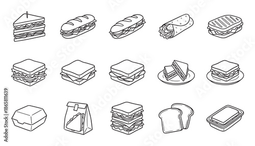 Set of various sandwich line icons hand-drawn in a simple doodle style, showing a club sandwich, sub, wrap, panini, and other fast food lunch items with takeaway containers