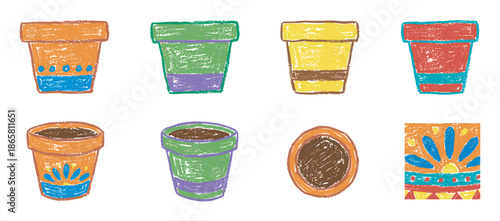 Charming set of hand-drawn flowerpots illustrated in a childlike wax crayon style, featuring colorful decorative patterns and shown from multiple angles in an artistic collection