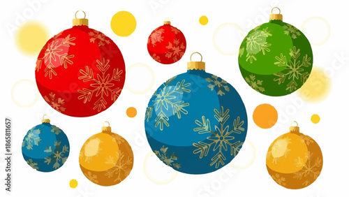 Festive holiday ornaments with snowflake designs in vibrant red, blue, green, and gold