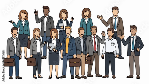 Diverse business team standing, some holding briefcases and tablets