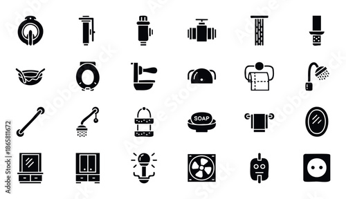 A versatile collection of black glyph icons illustrating essential bathroom fixtures, plumbing utilities, and home maintenance items, suitable for various applications, user interfaces, and