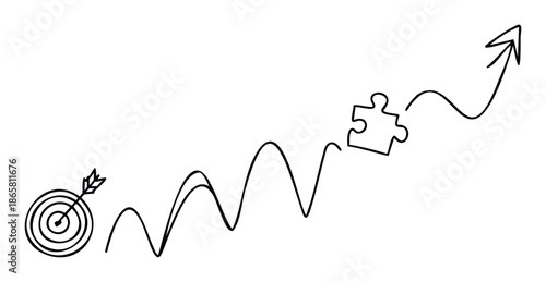 Abstract representation of a business journey from setting a target to achieving growth, navigating challenges and finding solutions, useful for illustrating project progression or