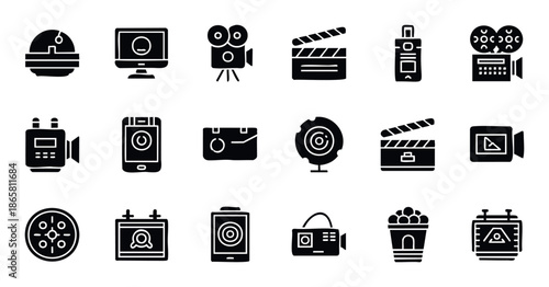 Comprehensive collection of film and video production glyph icons including movie cameras, clapboards, projectors, and recorders, ideal for digital media projects and entertainment industry