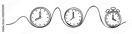 A modern continuous line drawing showcasing various clock faces and an alarm clock connected by a dynamic wavy line, representing ideas of time, scheduling, and deadlines for business or