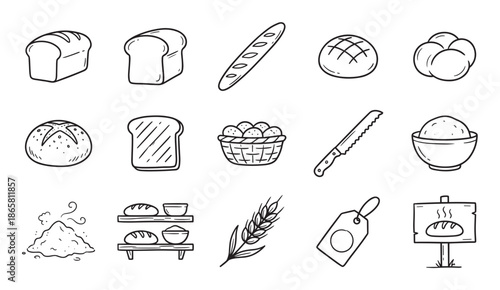 Collection of hand-drawn bread icons in a simple black and white doodle style, featuring a loaf, baguette, rolls, wheat, flour, a basket, and a bakery sign