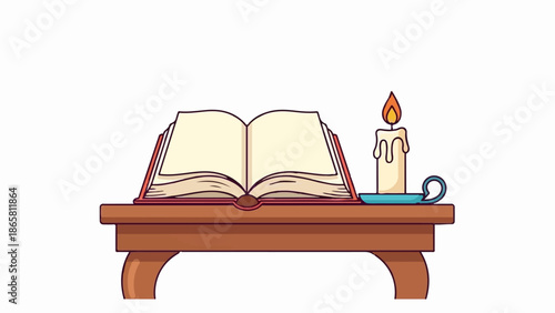 An open book rests on a wooden table beside a lit candle