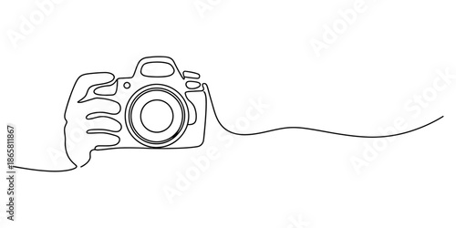 Continuous line art drawing of a hand grasping a camera, symbolizing the art of photography