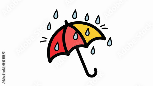 A simple, colorful cartoon illustration of an umbrella with rain