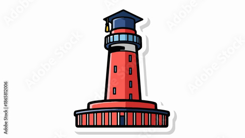 A cartoon lighthouse wears a graduation cap, symbolizing education and guidance