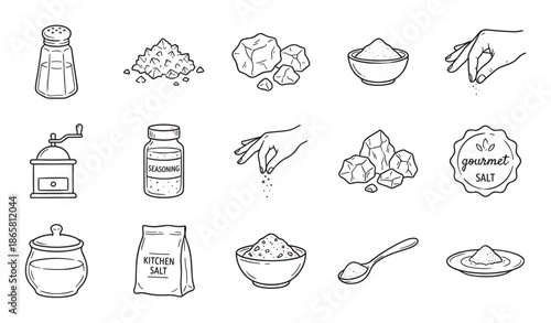 Hand-drawn salt and seasoning icons set showing shakers, grinders, crystals, and bowls in a simple black and white doodle style for culinary and cooking concepts
