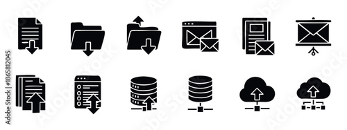 Modern collection of black silhouette icons representing digital data transfer operations, including file, folder, database, and cloud storage activities, suitable for web and mobile