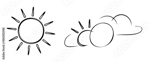 Simple handdrawn weather icons depicting a sunny forecast and a partly cloudy sky, ideal for educational resources, print media, or informational displays.