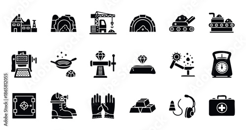 Mining industry solid glyph icons encompassing resource extraction, ore processing, precious stone handling, industrial machinery, and essential worker safety equipment, useful for