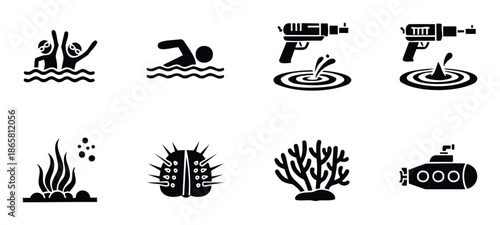 Versatile collection of waterrelated pictogram symbols featuring swimmers, water pistols, aquatic plants, sea urchins, coral reef elements, and a submarine for marine life graphics and