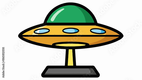A cartoon depiction of a yellow flying saucer with a green dome and blue windows, resting on a stand