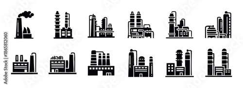 Industrial factory buildings and power plant icons in black silhouette for energy production business concepts and environmental pollution graphic representations