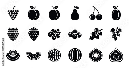 Essential fruit icons set featuring grapes plums berries melons and figs in a minimalist silhouette style perfect for menu design nutritional guides and market branding
