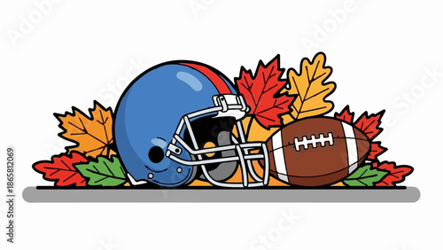A blue helmet rests beside a football, surrounded by colorful autumn leaves