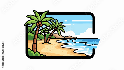 Tropical beach scene with palm trees, sand, and ocean waves, framed by a stylized black border