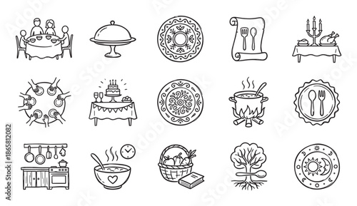 Set of hand-drawn food and dining icons depicting family meals, cooking, celebration, and traditional elements in a simple black outline sketch style