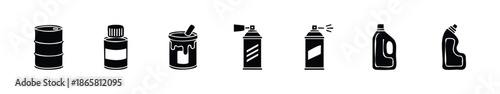 Essential containers for liquids and chemicals like an industrial barrel, paint can, spray bottle, and household cleaning supplies, perfect for safety infographics and product labeling