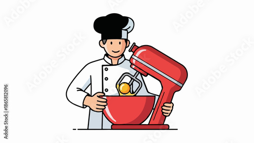Chef in white uniform and hat mixes ingredients in a red bowl with a mixer