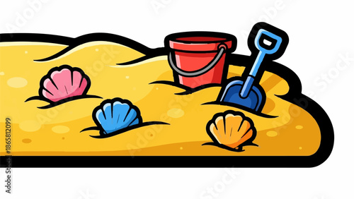 Cartoon beach sand with seashells, bucket, and shovel