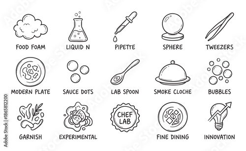 Collection of hand-drawn doodle icons representing molecular gastronomy concepts like food foam, liquid nitrogen, spherification, and fine dining techniques for modern experimental cuisine