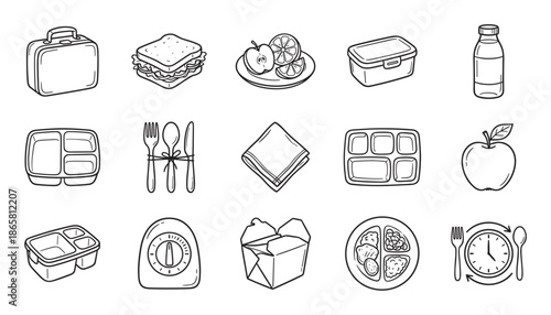Set of hand-drawn lunch icons featuring a lunchbox, sandwich, fruit, and containers in a simple black and white doodle style for meal prep and healthy eating concepts