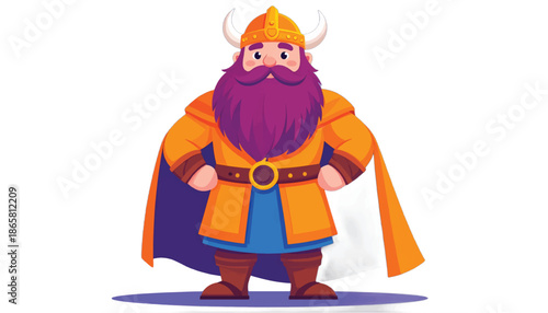 Cartoon Viking Warrior with Horned Helmet and Purple Beard.