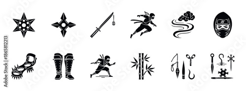 Comprehensive collection of ninja themed icons showcasing ancient Japanese martial arts weaponry, dynamic stealth figures, essential training gear, and mystic symbols ideal for cultural
