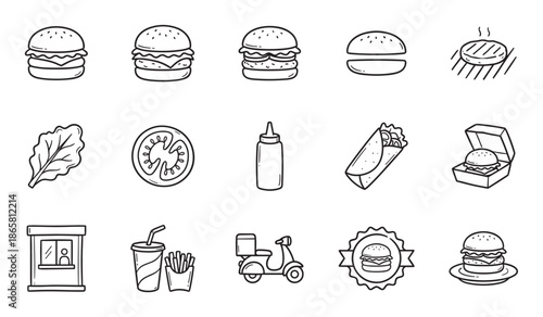 Collection of hand-drawn fast food icons featuring various burgers, french fries, a soda drink, ingredients, and delivery service elements like a scooter and takeaway box